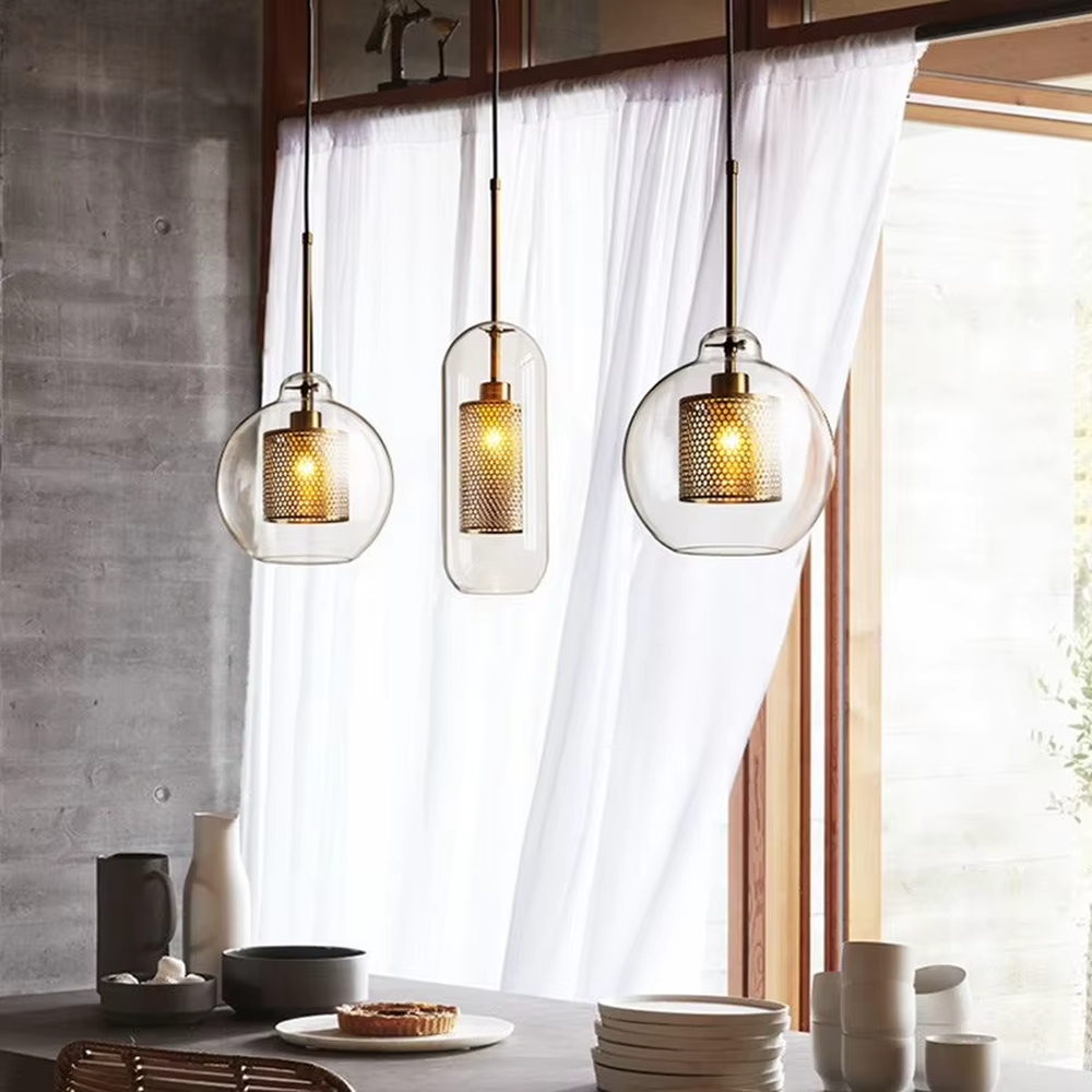 Modern light luxury golden mesh shade glass ball chandelier (multi-size combination), warm light effect, creating an exquisite layered minimalist space atmosphere.