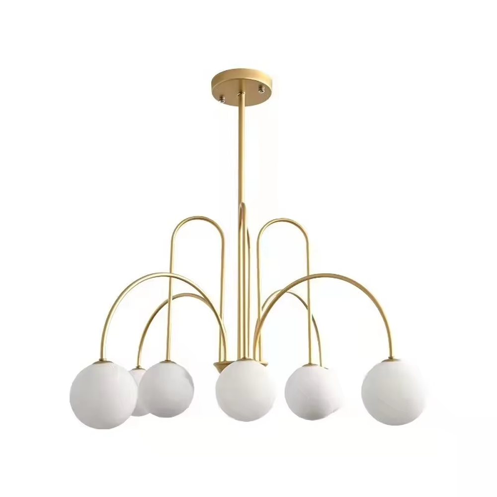 Light luxury gold arc glass ball chandelier (gold arc frame + milk-white glass balls), warm light effect, creating a soft and high-end home atmosphere.