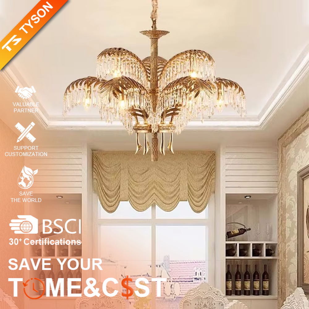 This is a luxurious tropical-style golden palm leaf crystal chandelier, with a golden metal palm leaf structure and numerous crystal pendants, featuring strong luxury and tropical artistic sense, brilliant lighting. It is used for space lighting and decoration, creating a high-end luxurious tropical atmosphere. Suitable for luxury villa living rooms, tropical-themed restaurants, high-end hotel lobbies and other places.