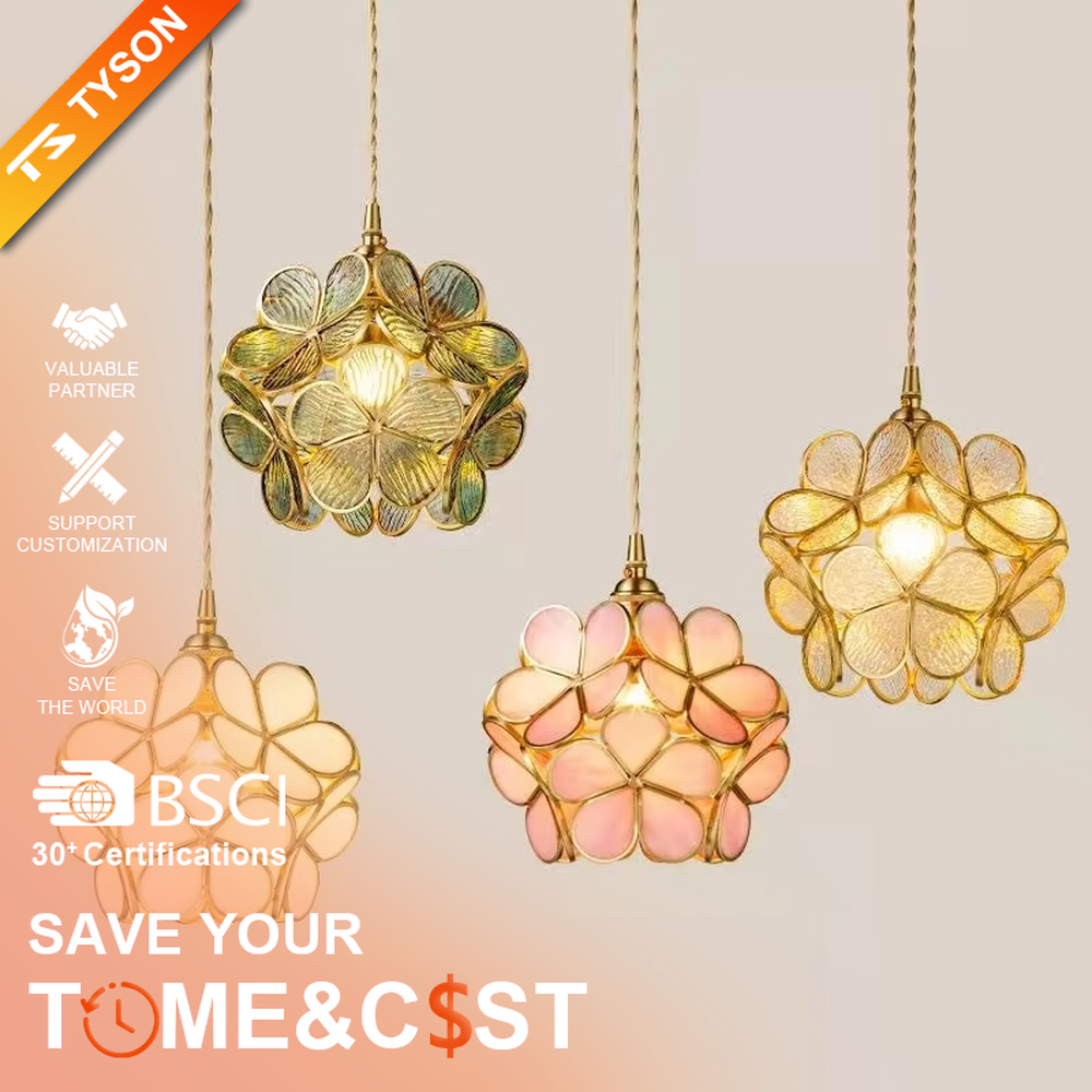 Retro light luxury petal spherical chandelier, golden metal petal frame + textured transparent glass panels + jute rope hanger, soft warm light with textured light and shadow, creating a warm artistic atmosphere.