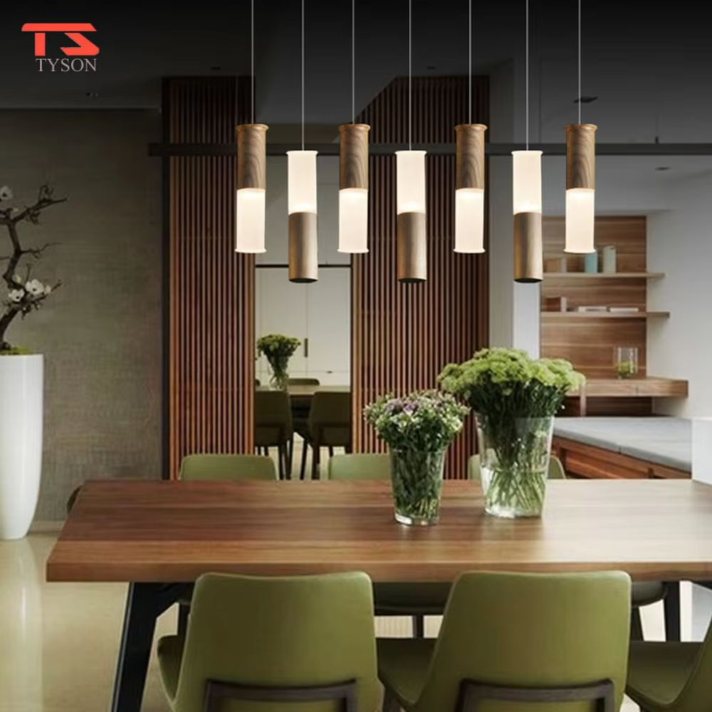 Natural minimalist wood and frosted glass cylinder multi-head pendant light, warm light effect, creating a natural cozy atmosphere.