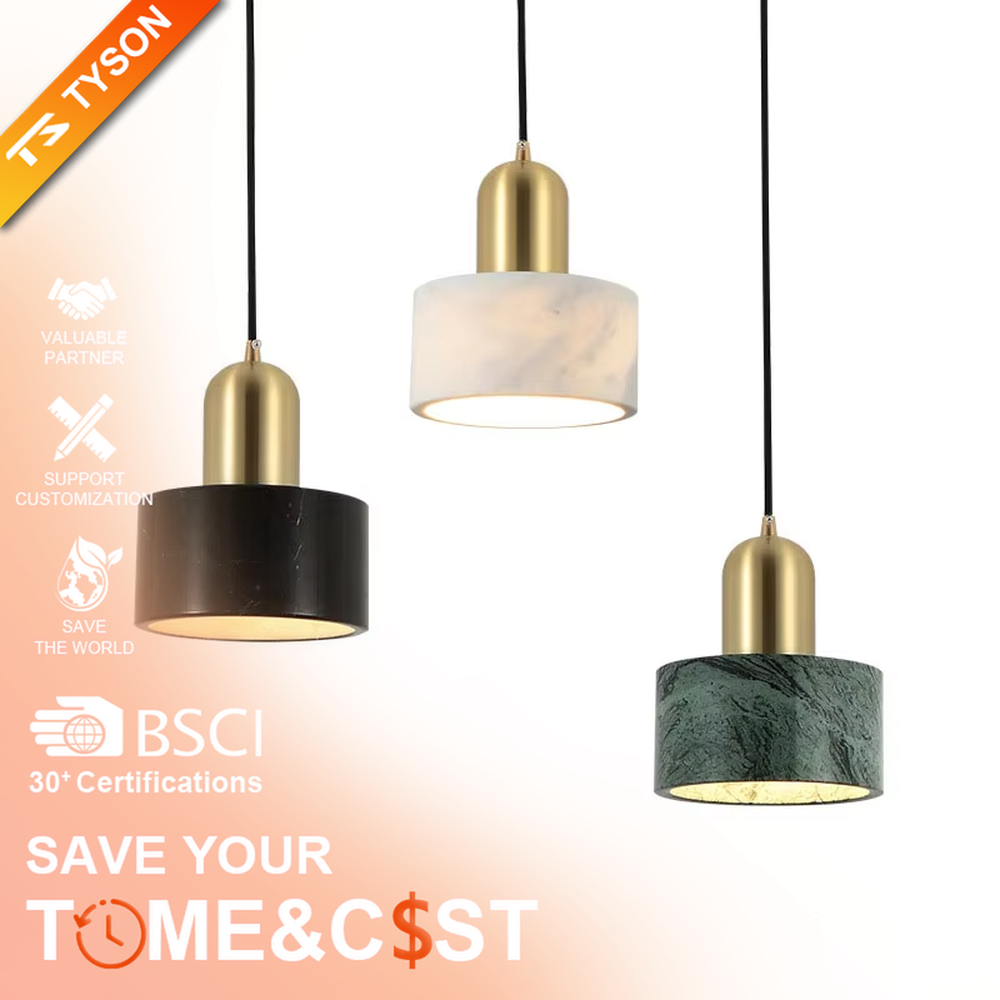 Modern light luxury three-head combination chandelier, featuring green marble texture lampshades and black metal lampshades with gold top design, providing soft and even light, used for lighting and decoration in dining tables, bars and other areas, suitable for modern minimalist, light luxury style home and commercial spaces