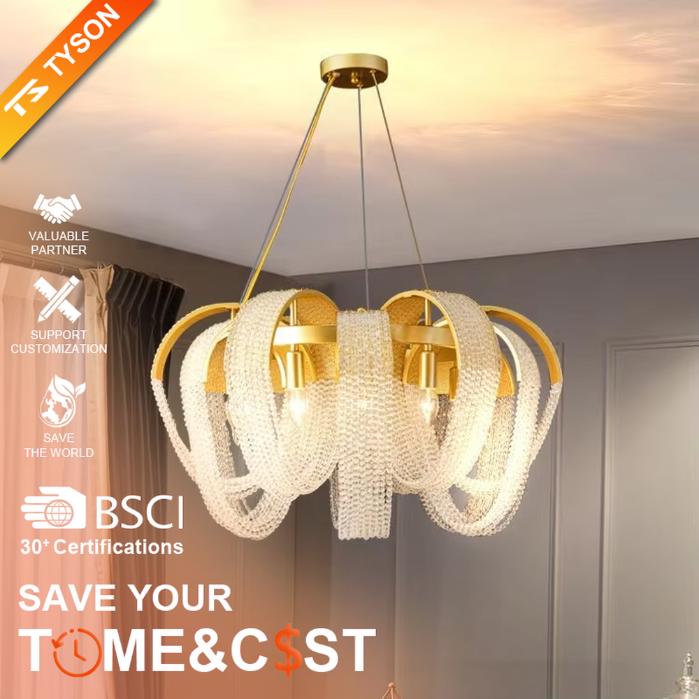 Light luxury modern golden frame crystal winding chandelier, ring-shaped crystal string design + warm light bulbs, creating a flexible luxurious atmosphere.