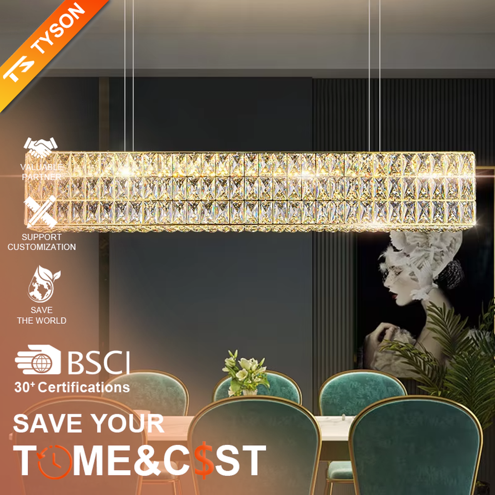 Light luxury modern long-shaped cut crystal chandelier, golden frame + full-set diamond-cut crystals + warm light effect, creating a luxurious dining atmosphere.