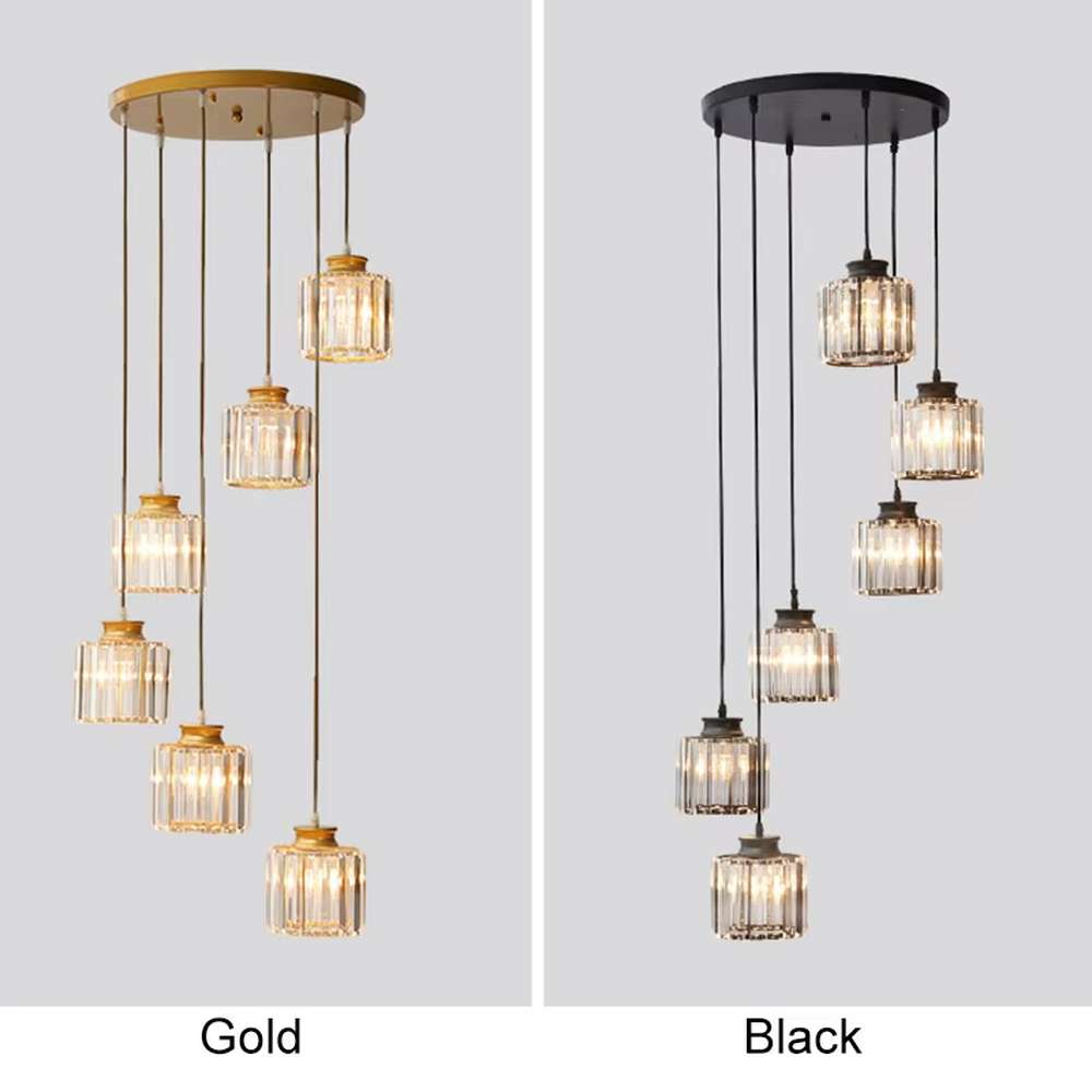 This is a luxury crystal multi-head chandelier with a golden top plate and multiple crystal square cylindrical lampshades, featuring a simple and grand design with luxury texture. It is used for space lighting and decoration, creating a luxurious and warm ambiance. It is suitable for loft-style double-height areas, luxury-style home living rooms, high-end apartment living areas and other places.