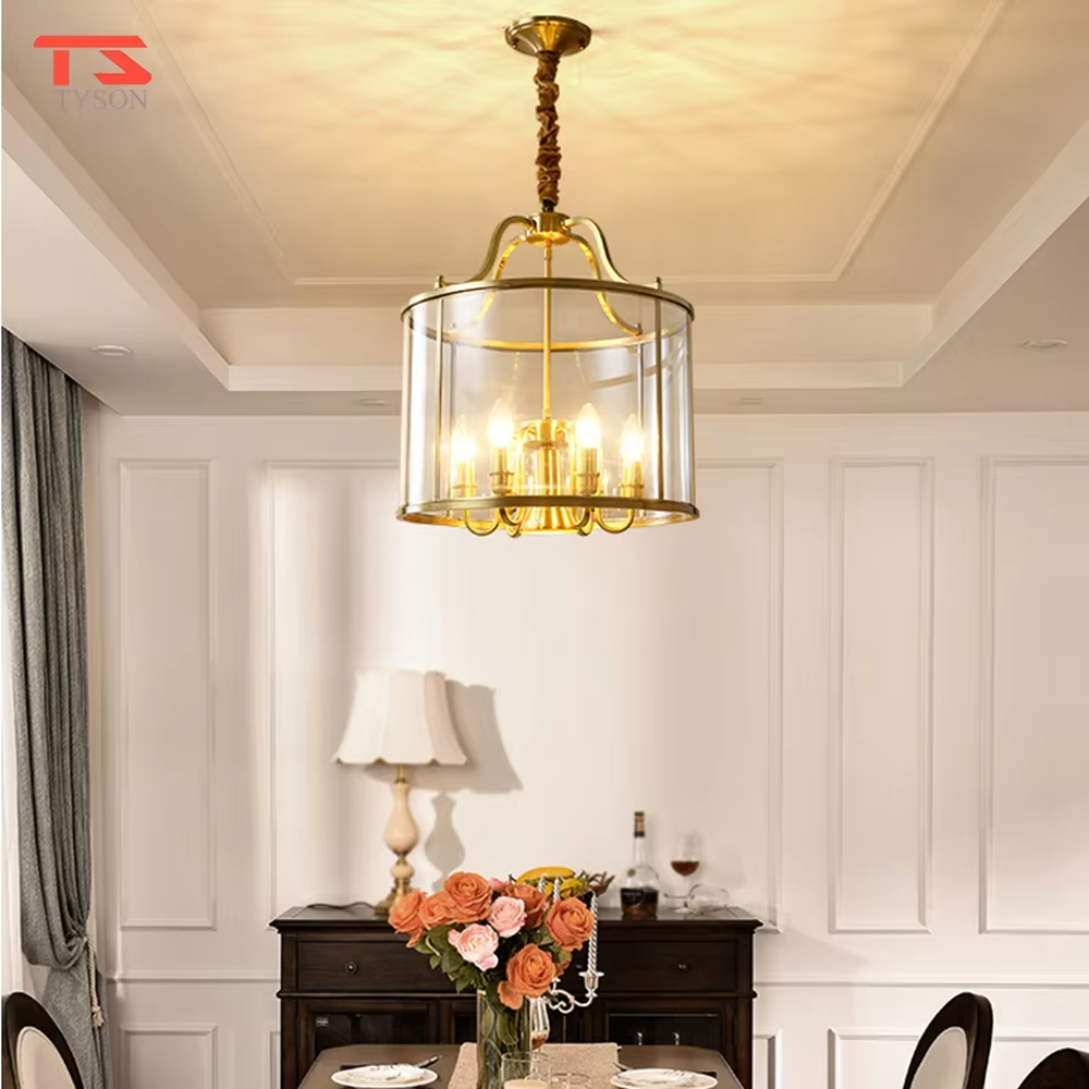 Light luxury golden metal frame glass cover candelabra chandelier, golden metal frame + transparent glass outer cover + candle-shaped bulbs, soft warm light, creating a vintage light luxury bedroom atmosphere.