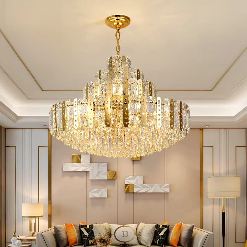 This is a luxurious modern-style golden multi-layer crystal chandelier, with a golden metal frame paired with numerous crystals (with star-shaped and other decorative details). It features a grand and luxurious design, with brilliant lighting. It is used for space lighting and decoration, creating a high-end luxurious atmosphere. Suitable for luxury villa living rooms, high-end hotel lobbies, light luxury-style banquet halls and other places.