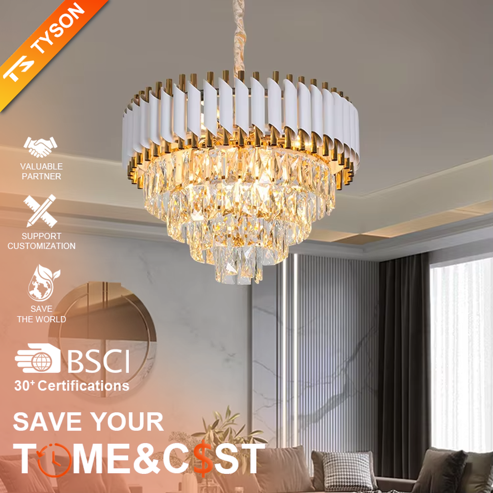 This is a modern luxurious white and gold multi-layer crystal chandelier, with white and gold top decorations paired with numerous transparent crystal pendants. It features a grand and luxurious design with brilliant lighting. It is used for space lighting and decoration, creating a luxurious high-end atmosphere. Suitable for light luxury-style living rooms, high-ceiling spaces in luxury villas, high-end hotel lobbies and other places.