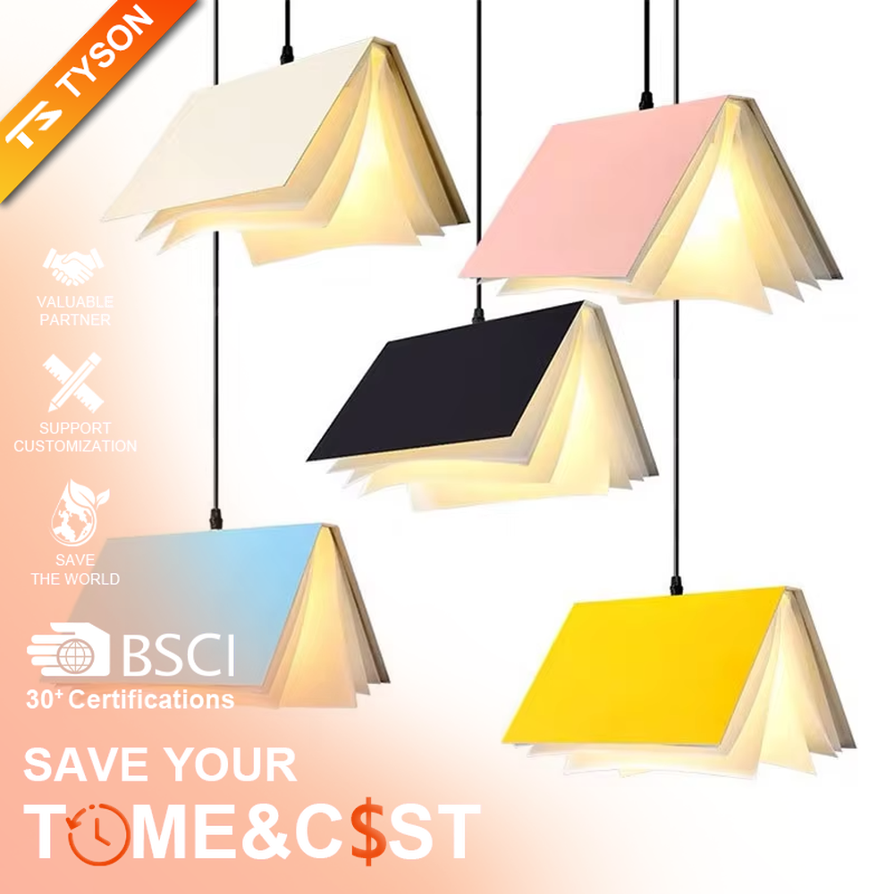 Creative origami book-shaped colorful hanging chandelier, folded structure + multi-color appearance (orange/pink/white/blue, etc.), soft and warm lighting, creating a literary creative atmosphere.