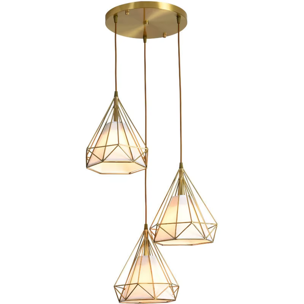 Light luxury geometric diamond triple chandelier (gold metal frame + translucent lampshade), warm light effect, creating a stylish and exquisite space atmosphere.