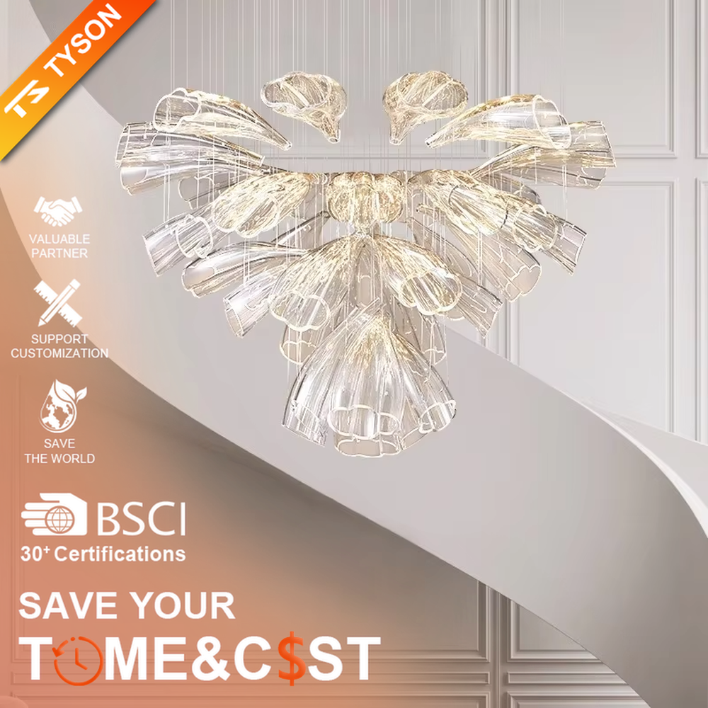 Modern art petal-shaped transparent crystal ceiling chandelier (black-silver ceiling plate + golden decoration), warm light effect, creating an artistic light luxury space atmosphere.