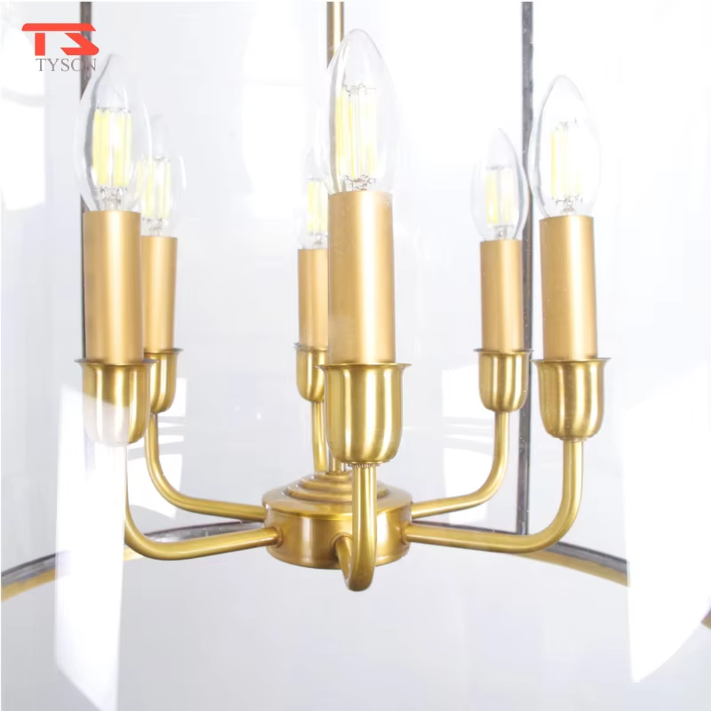 Light luxury golden metal cage-style glass cover candelabra chandelier, golden frame + transparent cylindrical glass cover + candle-shaped bulbs, soft warm light, creating a vintage light luxury atmosphere.