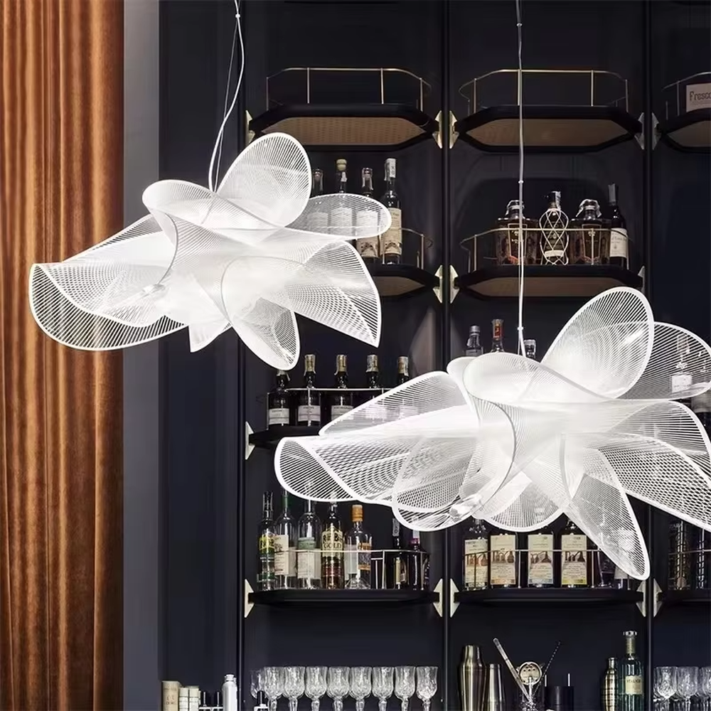 Modern art petal chandelier, multi-layer three-dimensional petal shape made of white semi-transparent PET material, with light and transparent lines, designed to enhance the artistic atmosphere of spaces, suitable for living rooms, clubs, art exhibition halls and other modern high-end spaces