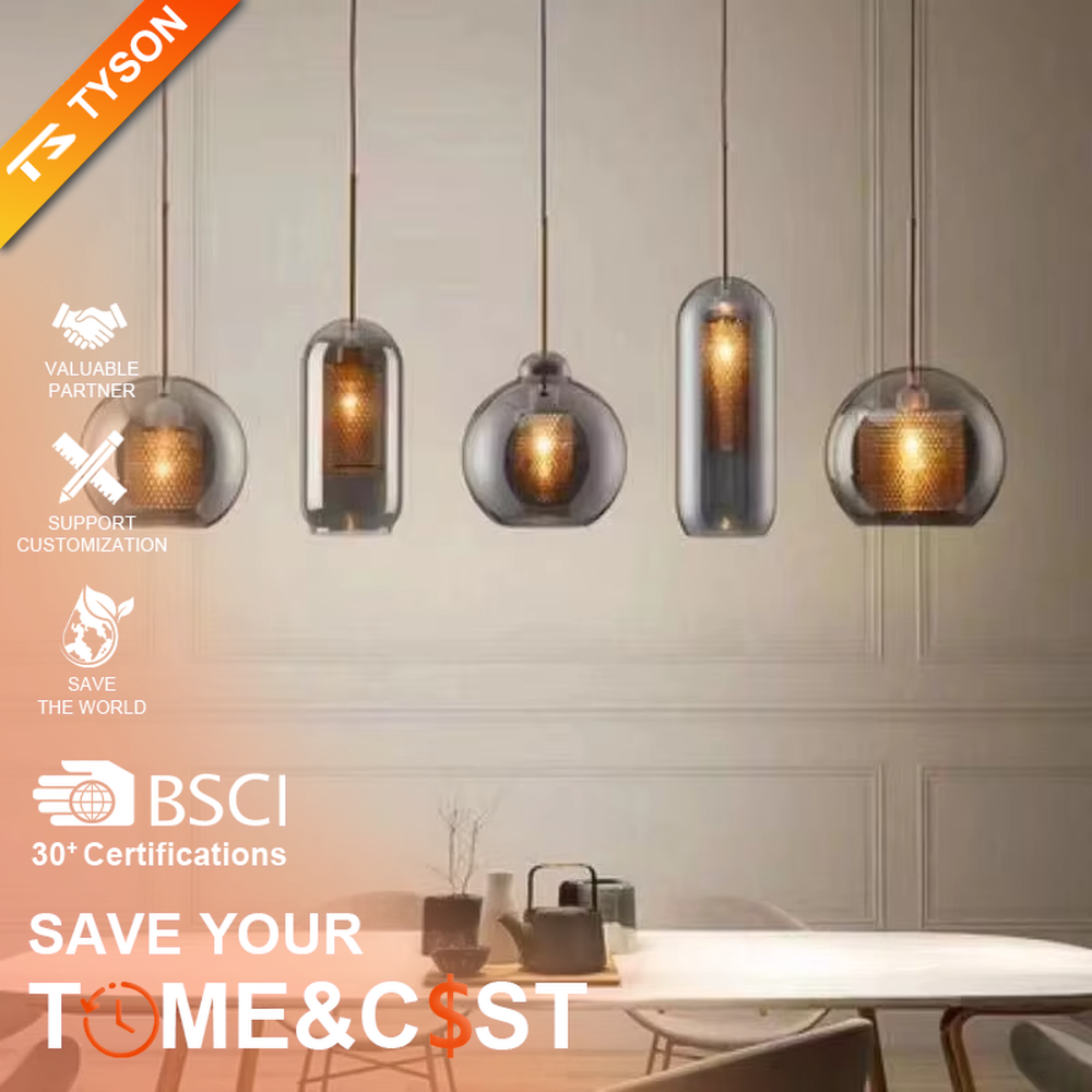 Modern light luxury golden mesh shade glass ball chandelier (multi-size combination), warm light effect, creating an exquisite layered minimalist space atmosphere.