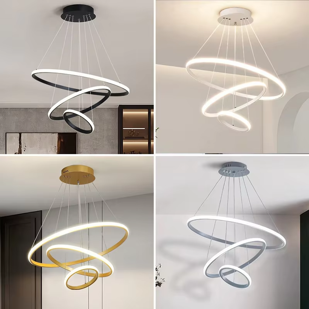 This is a modern smart-style golden ring multi-layer chandelier, with multiple golden ring light strips hanging in layers. It supports 3 levels of brightness and 3 color temperatures (warm light, neutral light, white light) adjustment. The design is minimalist and grand, and the lighting effect can be adjusted according to needs. It is used for space lighting and atmosphere creation, suitable for modern minimalist living rooms, light luxury-style bedrooms, high-end offices and other places.
产品介绍