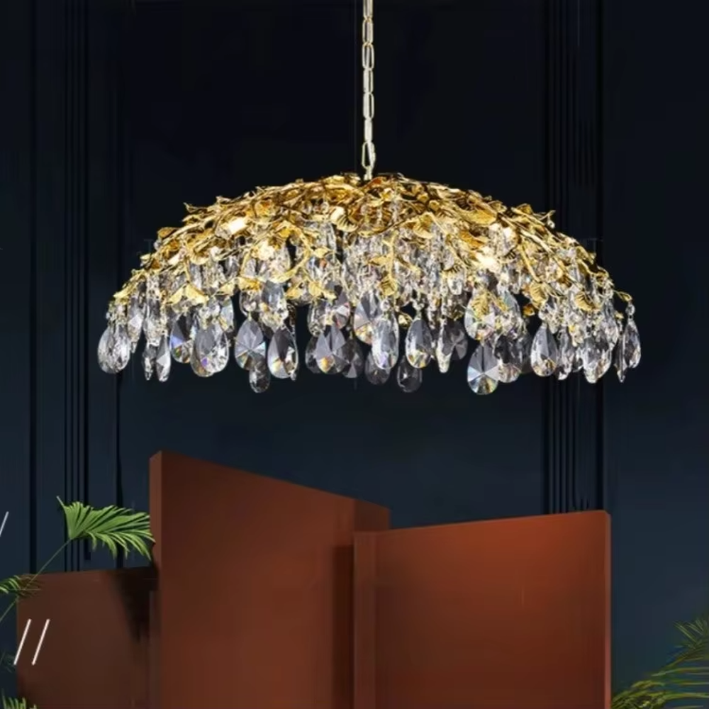 This is a luxurious arc-shaped crystal chandelier, composed of numerous translucent crystal components. It has a full and layered shape, dazzling under the light, showing a luxurious texture. It is used for space lighting and artistic decoration, combining practicality and decorativeness to enhance the luxurious atmosphere of the space. It is suitable for high-end residential living rooms, luxury hotel lobbies, high-end restaurants, private clubs and other high-end places.