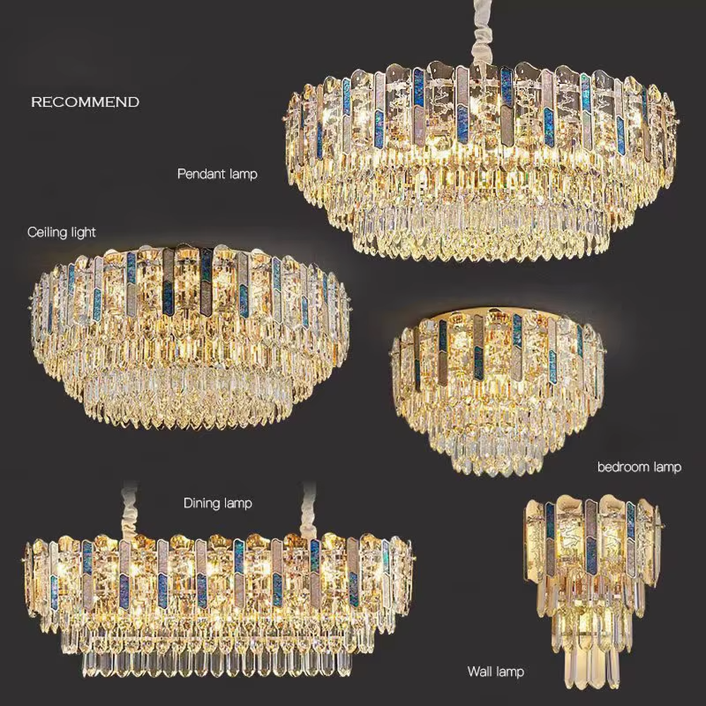 Light luxury circular golden crystal chandelier, dotted with blue decorative blocks, brilliant and gorgeous lighting, creating a high-end light luxury atmosphere.
