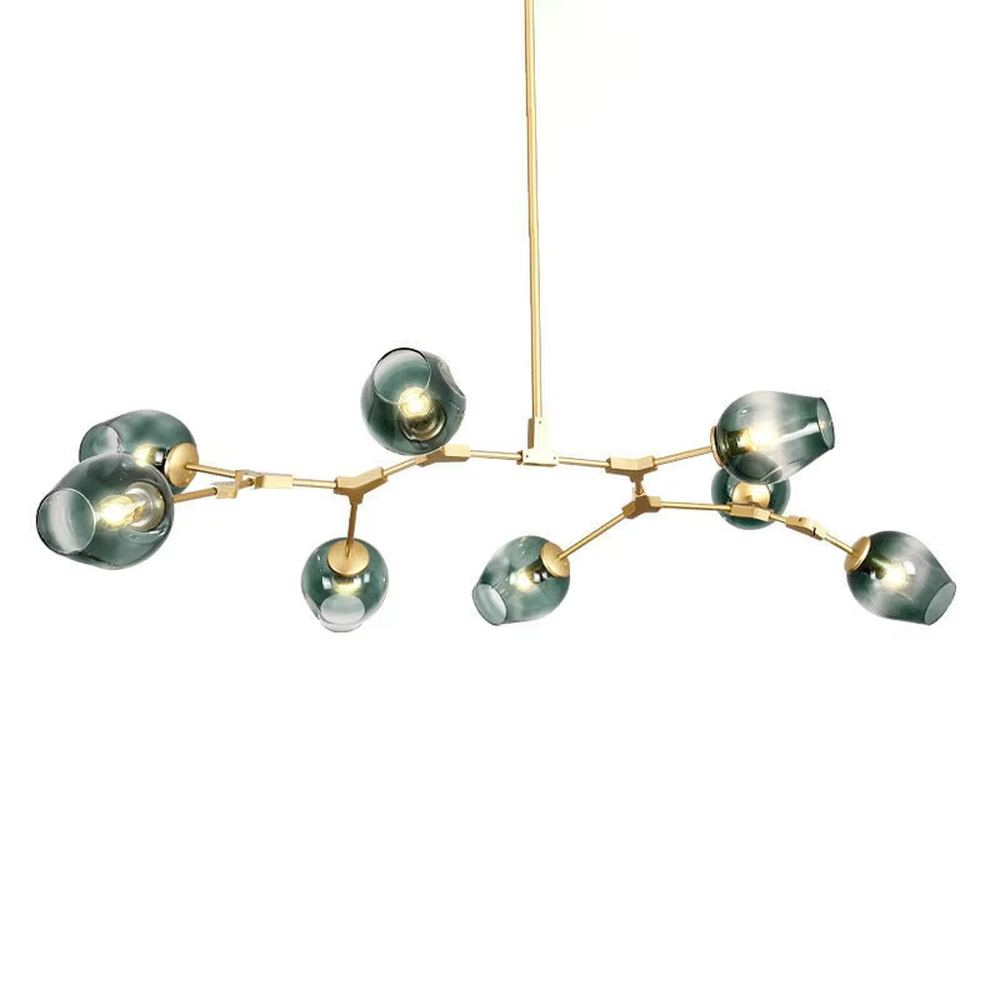 Light luxury gold branch textured glass cup chandelier (gold branch frame + textured glass cups), warm light effect, creating an exquisite and high-end home atmosphere.