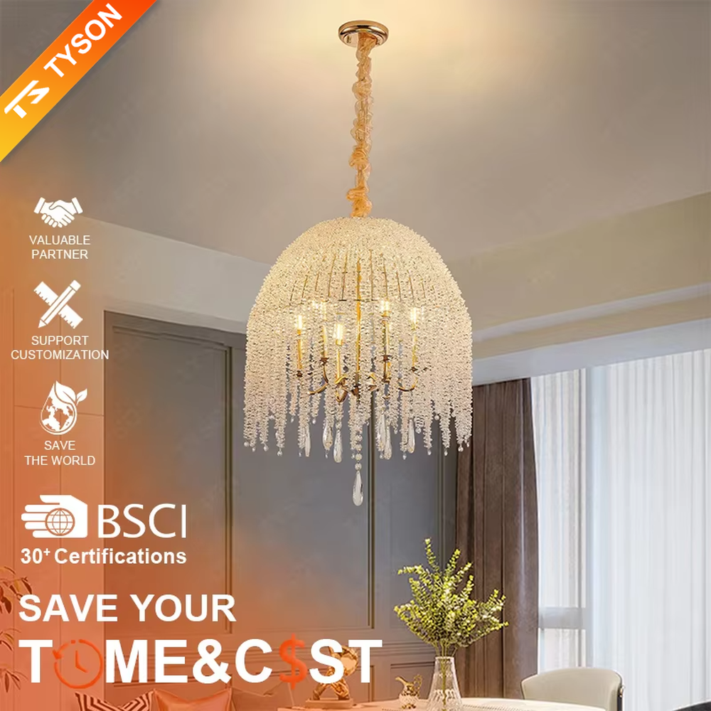 This is a luxury hemispherical crystal chandelier, with a golden frame and multi-layer crystals forming a hemispherical shape, and flexible crystal pendants, featuring a luxurious and elegant design. It is used for space lighting and decoration, creating a high-end luxury atmosphere. It is suitable for luxury-style home living rooms, high-end restaurants, luxury clubs and other places.