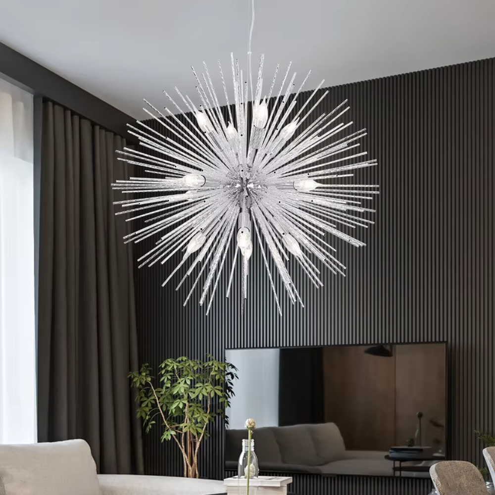Light luxury golden firework radial-shaped hanging chandelier, radial metal strips + multi-bulb design, brilliant and vivid lighting, creating a vintage artistic atmosphere.