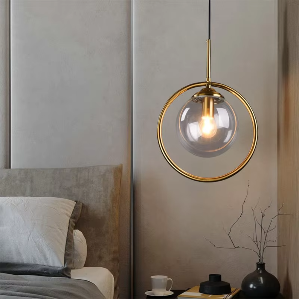 Modern light luxury golden ring glass ball chandelier (warm light), warm light effect, creating a simple and high-end warm space atmosphere.