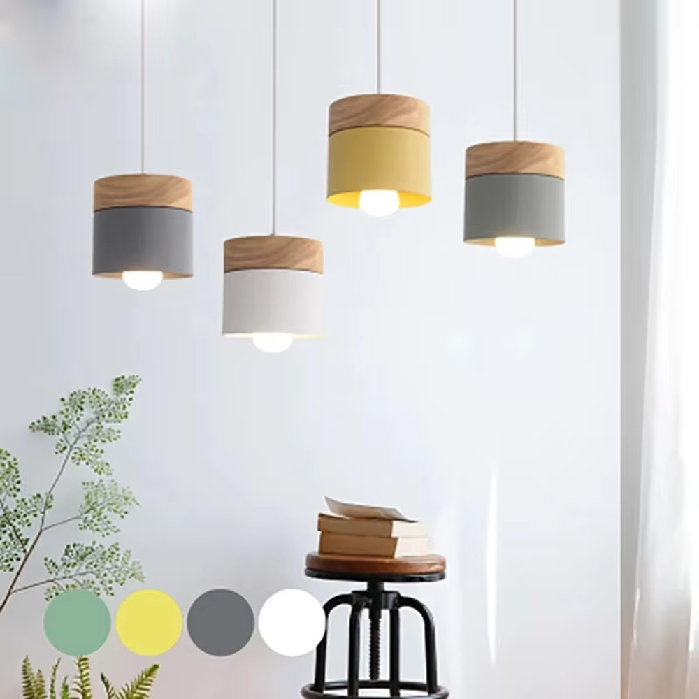 Nordic minimalist wood chandelier, with wooden tops and multi-color metal lampshades (grey/white/yellow optional), single/multi-head combination design, soft and even light, designed to enhance the fresh atmosphere of spaces, suitable for dining tables, home bars, coffee shops, etc.