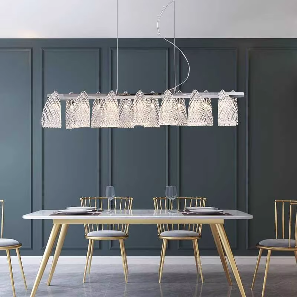 Modern art light luxury woven bow-shaped transparent texture chandelier, golden textured woven pattern + warm light effect, creating a flexible luxurious artistic atmosphere.