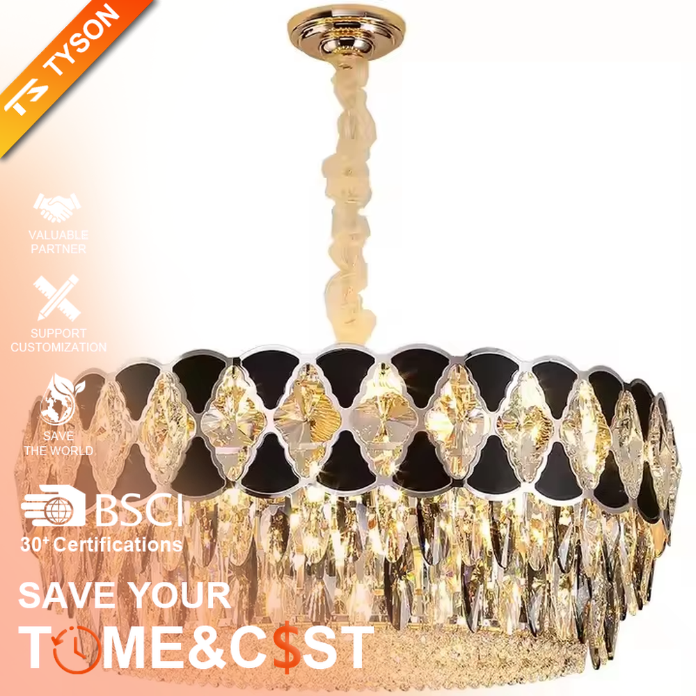 This is a light luxury and luxurious long strip chandelier, with black-silver diamond decorations on the upper layer and golden crystal pendants hanging on the lower layer. When lit, the light is brilliant and high-end, creating a high-end luxurious atmosphere.