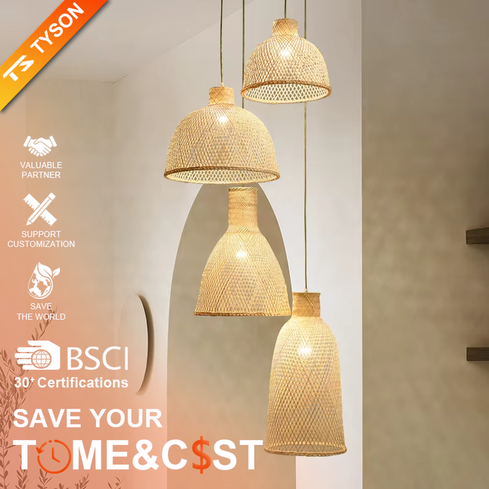 Natural bamboo woven staggered chandelier (hand-woven bamboo lampshades + log base), warm light effect, creating a simple and healing space atmosphere.