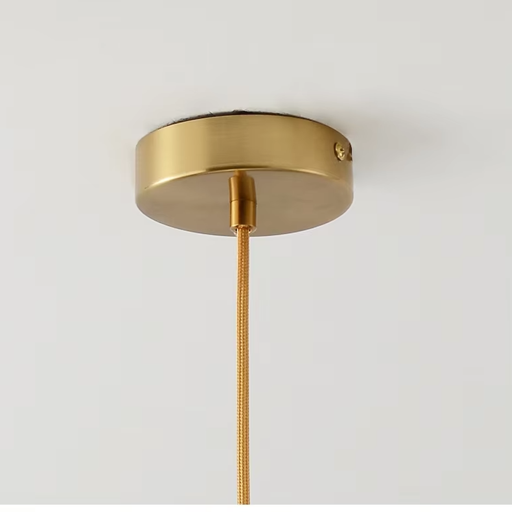 Minimalist golden ball glass chandelier (gold pole + milk white glass ball), warm light effect, creating a simple and high-end warm space atmosphere.