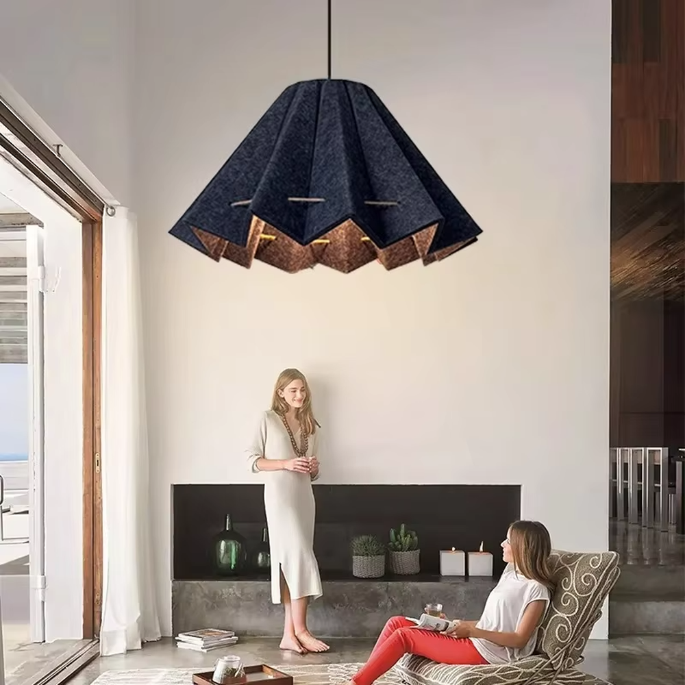 This is a modern artistic dark blue geometric origami chandelier, with a multi-layer origami structure, outer dark blue material and inner brown texture, featuring strong artistic sense and modern style. It is used for space lighting and decoration, creating an artistic and modern atmosphere. It is suitable for modern art home living rooms, designer studios, high-end creative restaurants and other places.