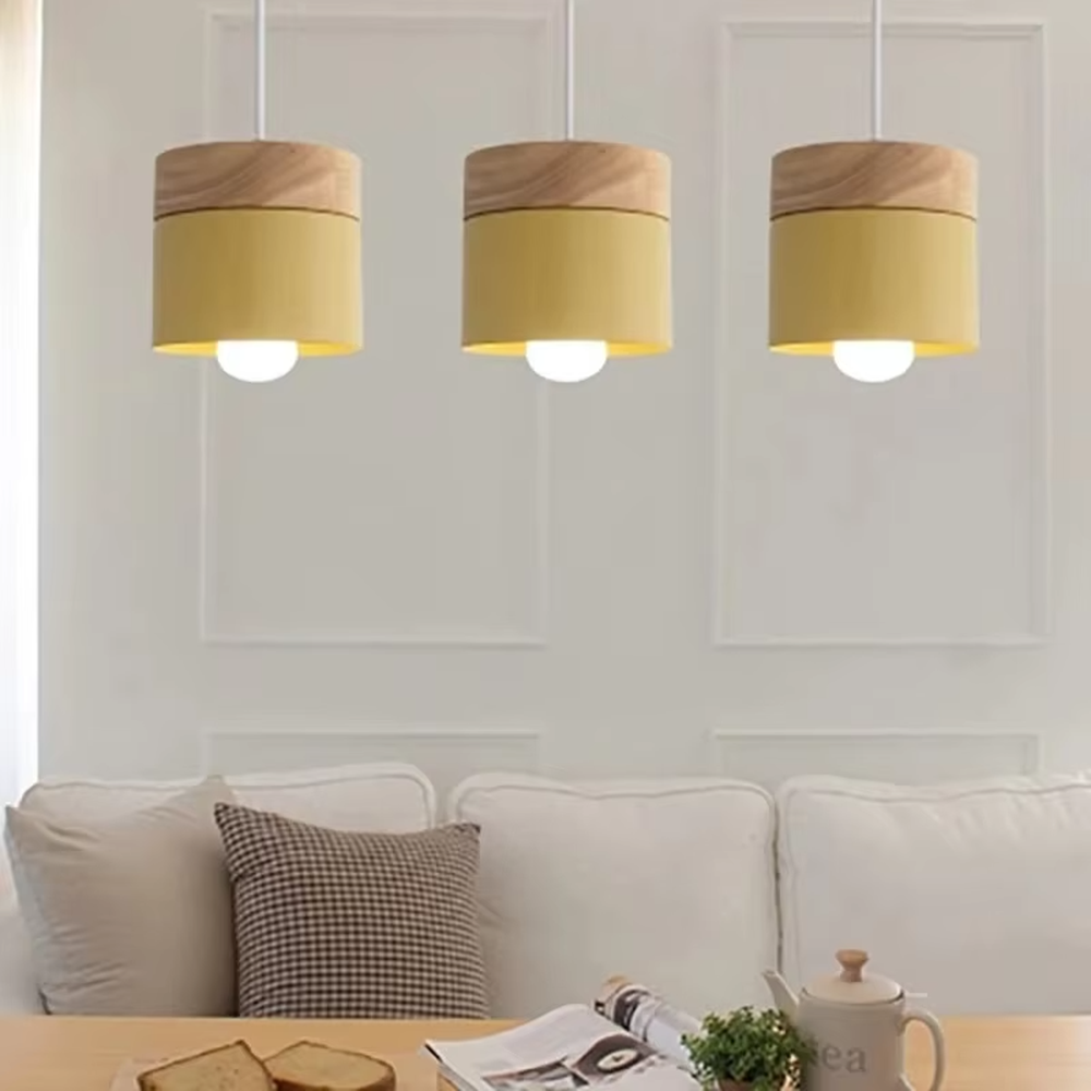 Nordic minimalist wood chandelier, with wooden tops and multi-color metal lampshades (grey/white/yellow optional), single/multi-head combination design, soft and even light, designed to enhance the fresh atmosphere of spaces, suitable for dining tables, home bars, coffee shops, etc.