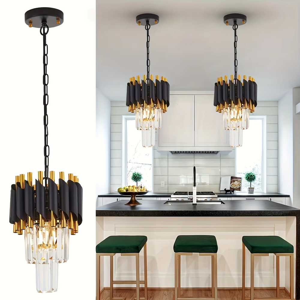 This is a luxury black-gold crystal chandelier, with black-gold metal columns and multi-layer transparent crystals, featuring a modern luxury design with brilliant and grand lighting. It is used for space lighting and decoration, creating a high-end luxury atmosphere. It is suitable for luxury-style home living rooms, high-end restaurants, luxury clubs and other places.