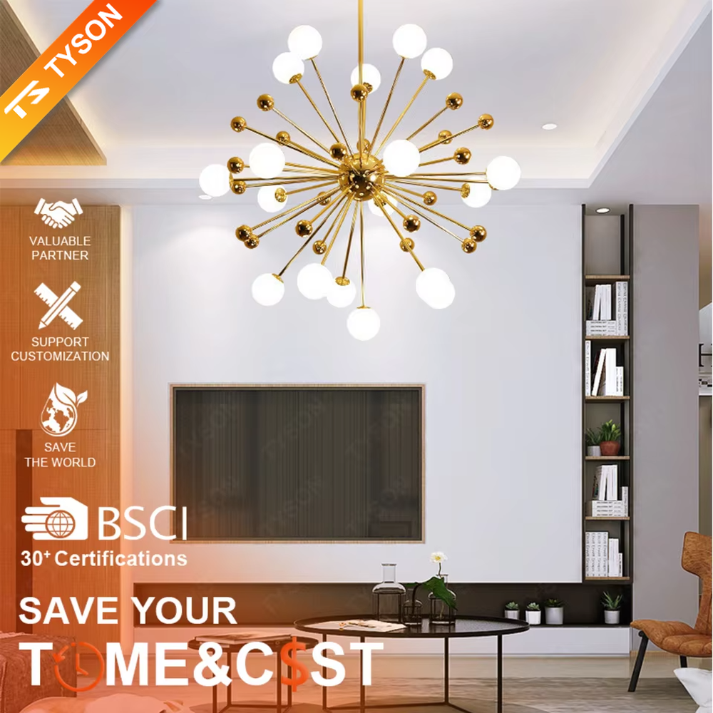 This is a modern molecular-style chandelier with a golden metal frame in a radial design, paired with multiple white spherical lampshades. It features a simple and stylish design with artistic sense. It is used for space lighting and decoration, creating a modern luxury ambiance. It is suitable for modern home living rooms, luxury apartment living areas, creative studios and other places.