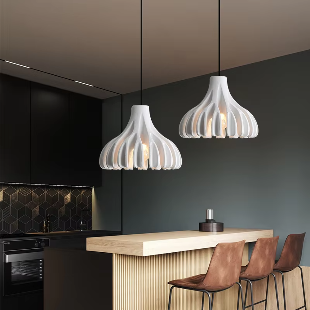 Fresh bud-folded shape multi-color hanging chandelier, bright colors like yellow/green + fan-folded lampshade + black suspension rope, soft warm light, creating a lively and fresh home atmosphere.
