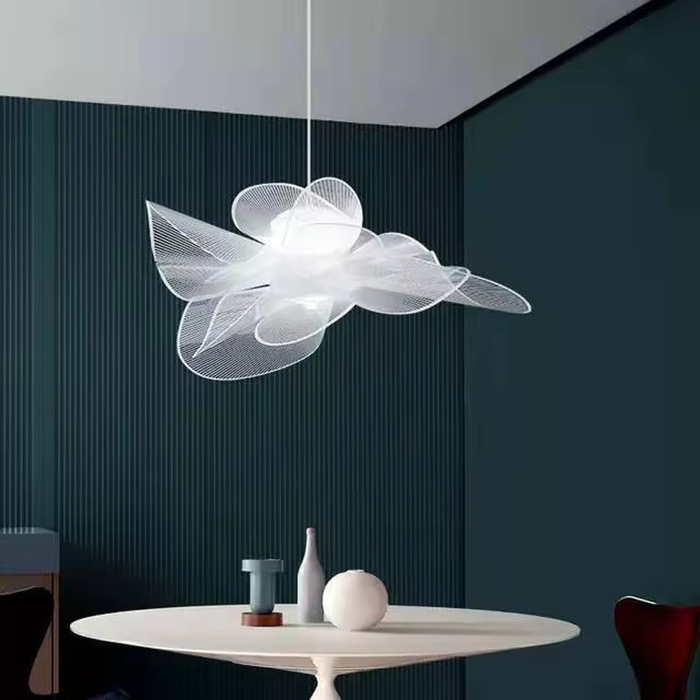 Modern art wing-shaped mesh transparent hanging lamp, minimalist stretched shape + transparent material, soft hazy light, creating a minimalist art atmosphere.
