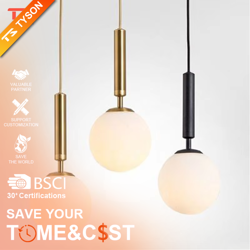 Minimalist golden ball glass chandelier (gold pole + milk white glass ball), warm light effect, creating a simple and high-end warm space atmosphere.