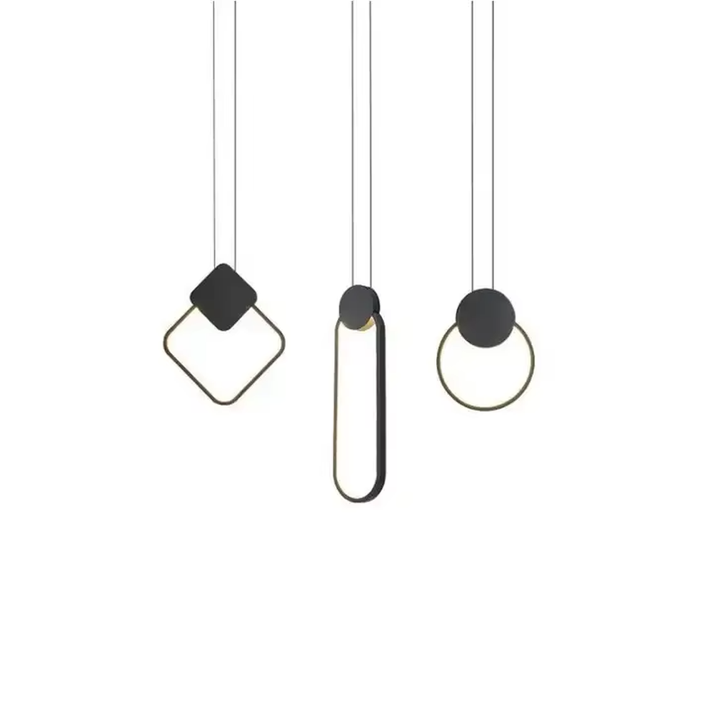 Modern minimalist geometric shape combination hanging lamp, three shapes (circle/diamond/long ellipse) + black-brown line lamp body + thin suspension rope, soft and uniform light, creating a simple high-end home atmosphere.