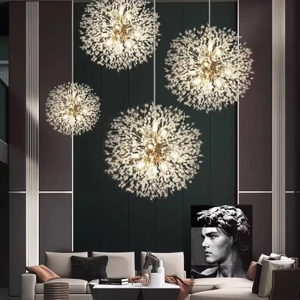 Art firework ball chandelier (gold-white starburst shape + warm light), warm light effect, creating a brilliant and romantic light luxury home atmosphere.