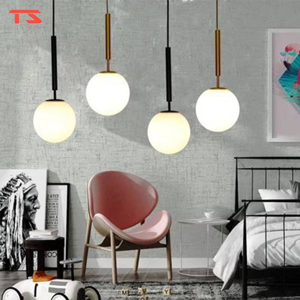 Minimalist golden ball glass chandelier (gold pole + milk white glass ball), warm light effect, creating a simple and high-end warm space atmosphere.
