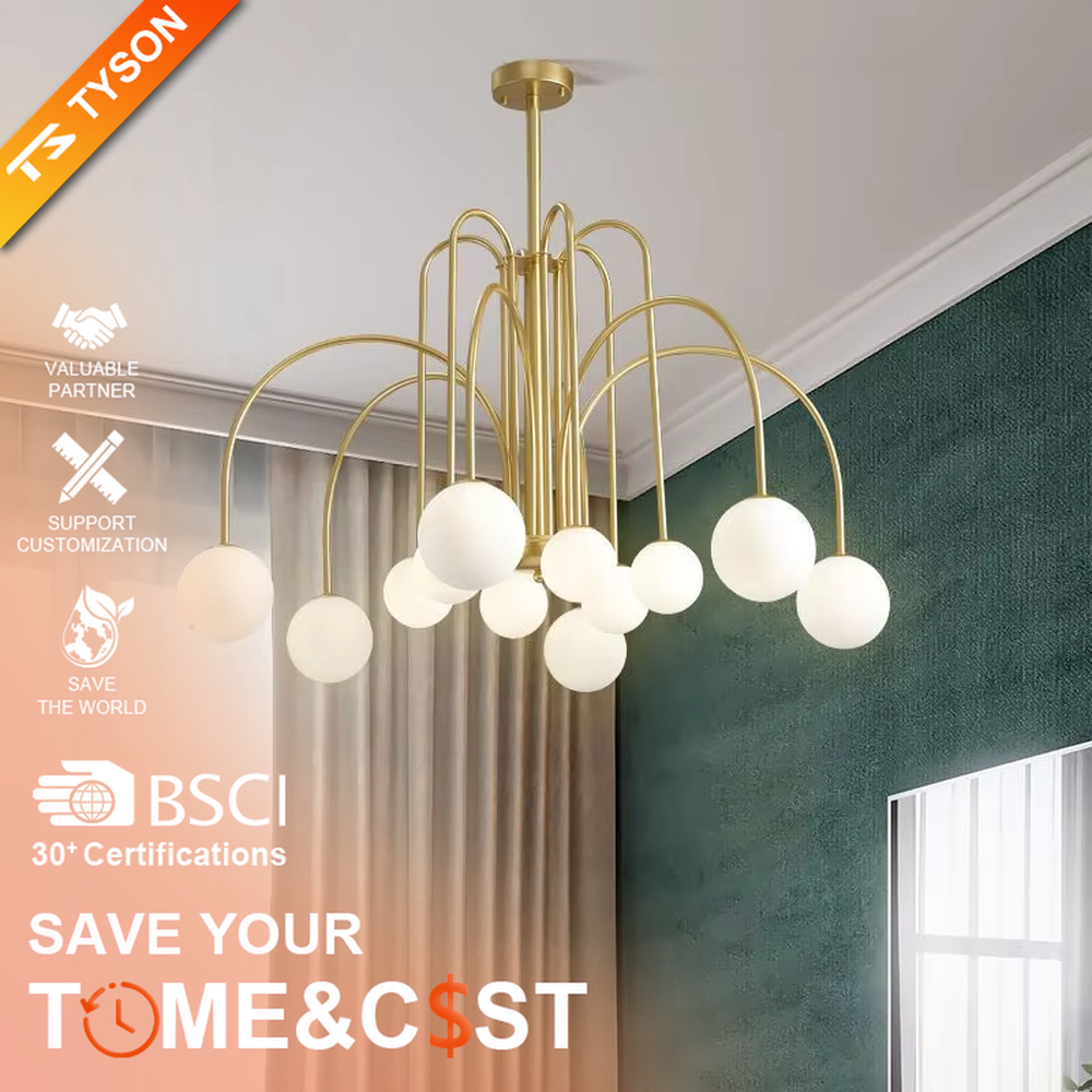 Light luxury gold arc glass ball chandelier (gold arc frame + milk-white glass balls), warm light effect, creating a soft and high-end home atmosphere.