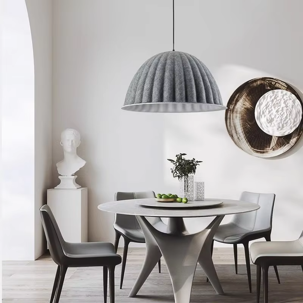 This is a modern minimalist gray striped dome chandelier, with a gray striped dome shape, featuring a minimalist and grand design, modern style. It is used for space lighting and decoration, creating a minimalist modern atmosphere. It is suitable for modern minimalist restaurants, Nordic-style home living rooms, office leisure areas and other places.
