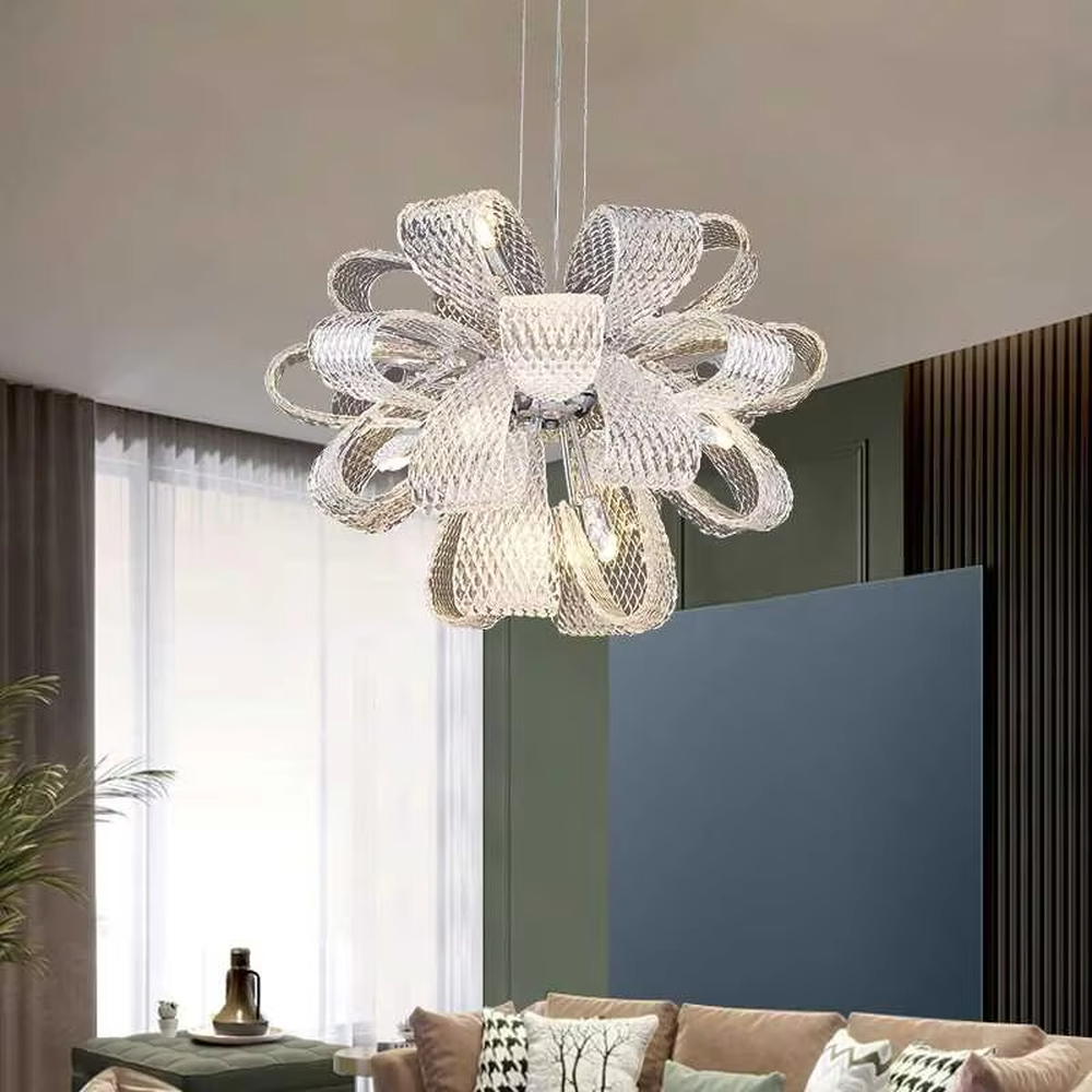 Modern art light luxury woven bow-shaped transparent texture chandelier, golden textured woven pattern + warm light effect, creating a flexible luxurious artistic atmosphere.