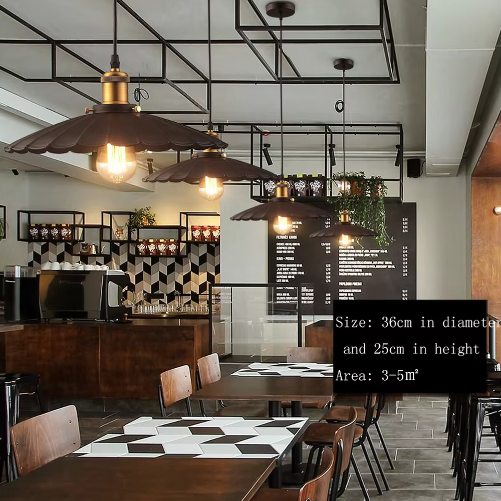 Industrial retro-style brown pleated umbrella-shaped lampshade gold-top pendant light (with Edison bulb), warm light effect, creating a retro literary atmosphere.