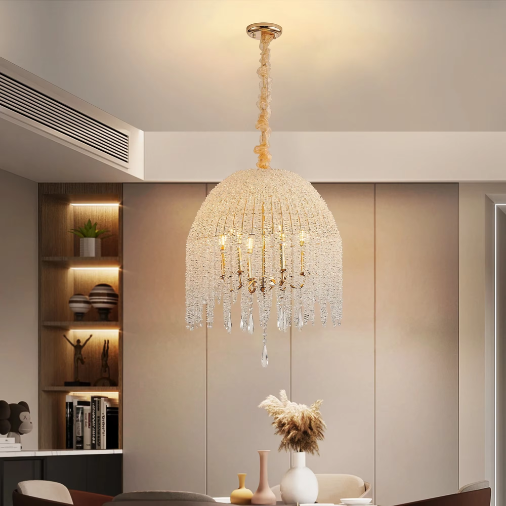 This is a luxury hemispherical crystal chandelier, with a golden frame and multi-layer crystals forming a hemispherical shape, and flexible crystal pendants, featuring a luxurious and elegant design. It is used for space lighting and decoration, creating a high-end luxury atmosphere. It is suitable for luxury-style home living rooms, high-end restaurants, luxury clubs and other places.