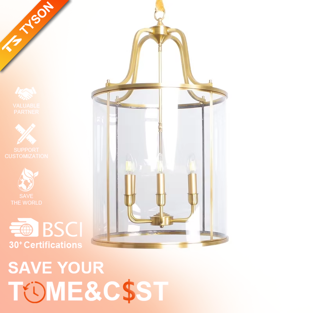Light luxury golden metal cage-style glass cover candelabra chandelier, golden frame + transparent cylindrical glass cover + candle-shaped bulbs, soft warm light, creating a vintage light luxury atmosphere.