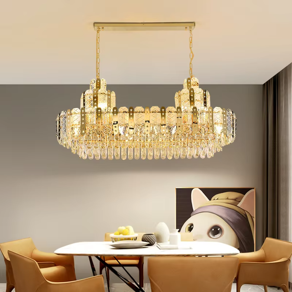 This is a luxurious modern-style golden multi-layer crystal chandelier, with a golden metal frame paired with numerous crystals (with star-shaped and other decorative details). It features a grand and luxurious design, with brilliant lighting. It is used for space lighting and decoration, creating a high-end luxurious atmosphere. Suitable for luxury villa living rooms, high-end hotel lobbies, light luxury-style banquet halls and other places.