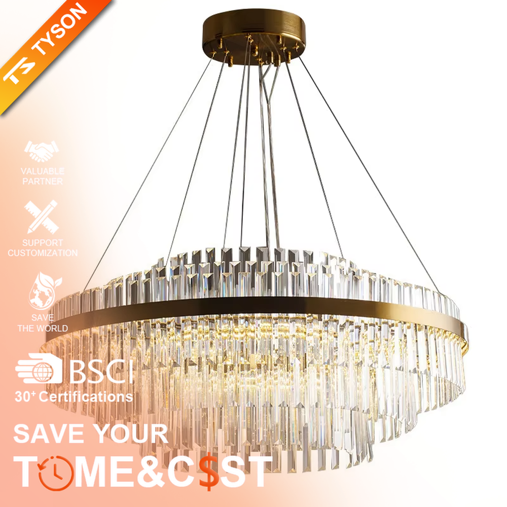 This is a light luxury style multi-layer circular crystal chandelier, featuring a gold metal frame paired with transparent cut crystal strips. The light refracts through the crystals to create a brilliant and luxurious lighting effect, serving both lighting and decorative purposes, and is suitable for quality-focused scenarios such as villa living rooms, duplex high-ceiling spaces, hotel lobbies, and high-end restaurants.