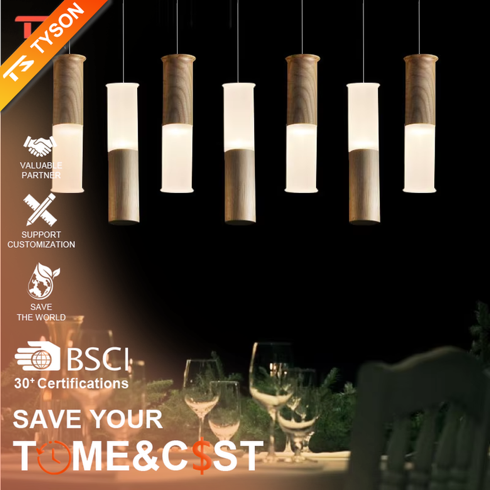Natural minimalist wood and frosted glass cylinder multi-head pendant light, warm light effect, creating a natural cozy atmosphere.