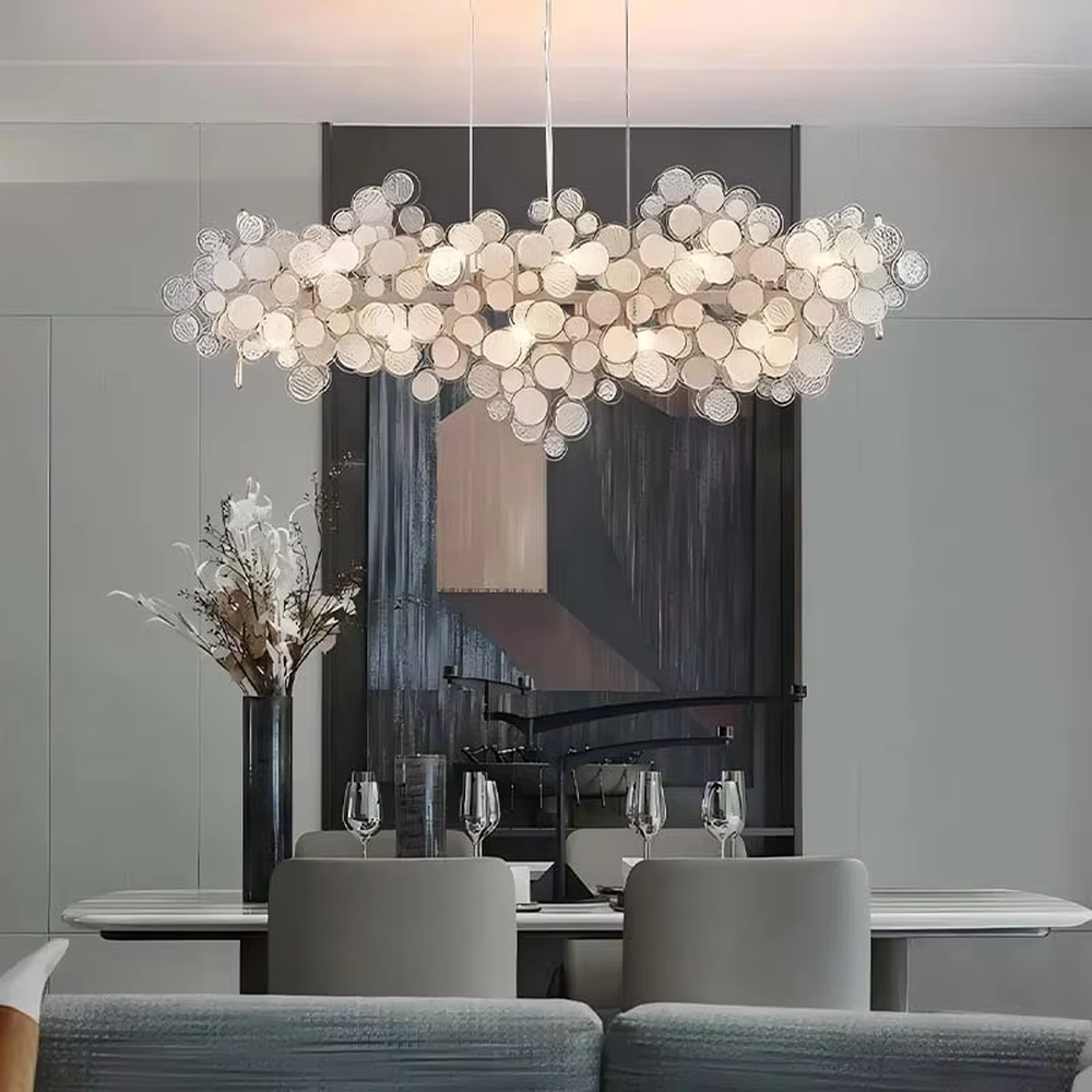 Modern art light luxury bubble cluster textured disk long chandelier, translucent textured disks + warm light effect, creating a flexible artistic light luxury atmosphere.